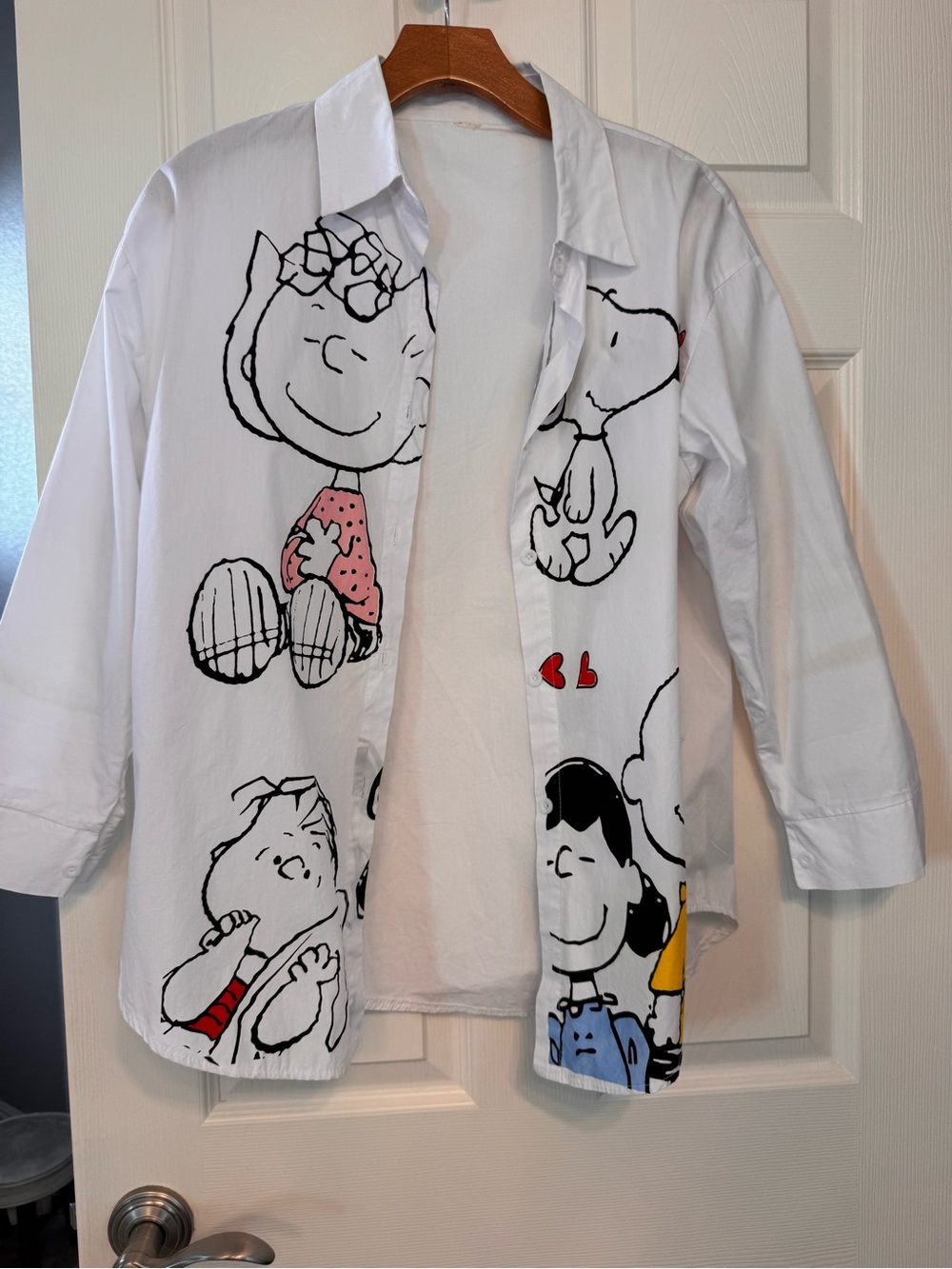White Peanuts Graphic Button-Down Shirt with Pink and Yellow Accents - Picture 2 of 3